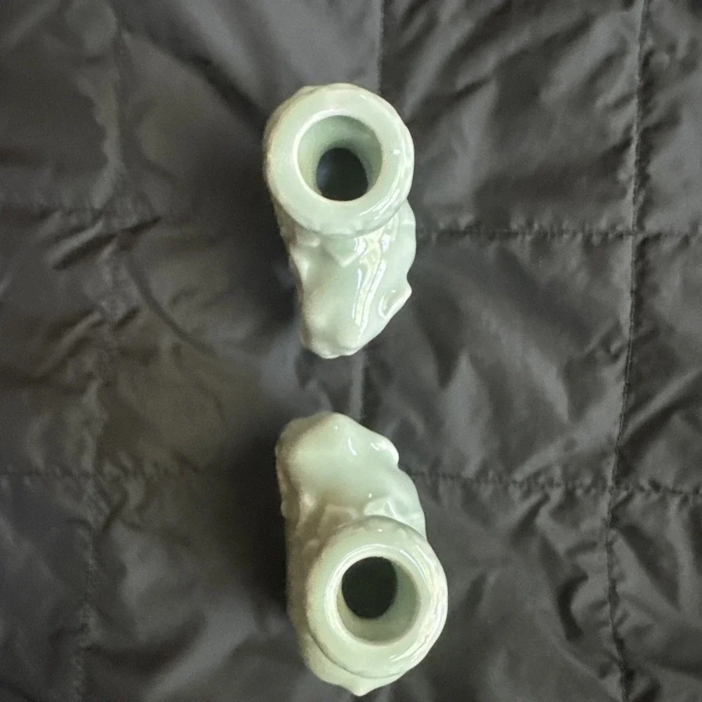 Chinese Elephant Candle‎ Holders Celadon Glaze Pottery Set Of 2 Vintage MCM Aqua